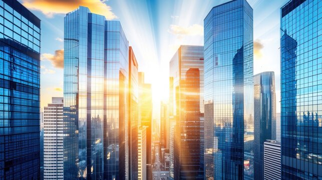 peach fuzz and blue banner, background, Urban Cityscapes, A modern skyline at day banner , The cityscape at sunrise, with radiant light rays piercing the skyline..