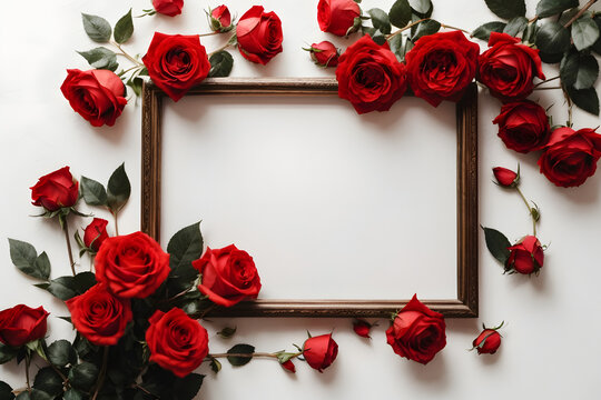 A romantic minimal concept photo created with red roses and wooden frame