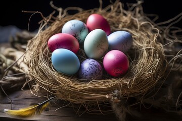 Osternest: Farbenfrohe Eier und natürliche Textur