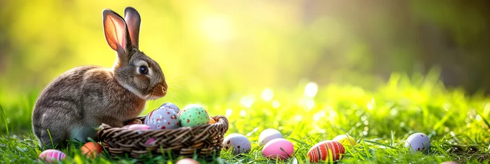 Zelfklevend Fotobehang Easter cute bunny in a sunny spring meadow next to a basket full of colorful eggs. © evastar