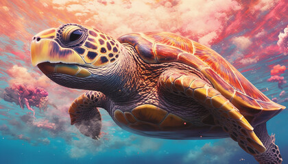 Fototapeta premium Majestic sea turtle swimming in blue underwater paradise generated by AI