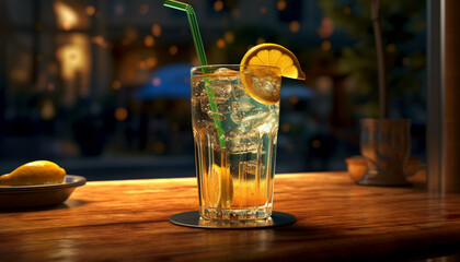 Refreshing cocktail on wooden table, lemon slice adds freshness generated by AI