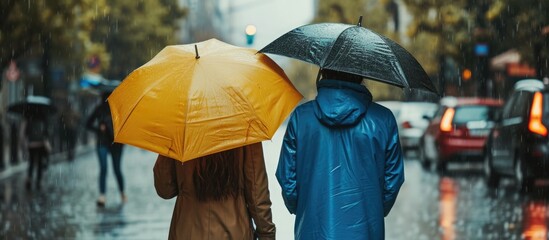 Male and female enjoy wet weather, bonding under one umbrella with backs turned.