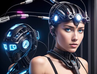 The image features an elegant female android with a mechanical body resembling graceful steel armor, yet with a feminine face expressing natural emotion. Generative AI.