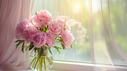  A bouquet of peonies in a glass vase on the window against the background of sunlight. stunningly delicate shades of pink color.