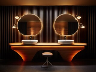 Modern ensuite room decorated with wall mounted timber vanity and black sink and pill shaped mirrors with neon