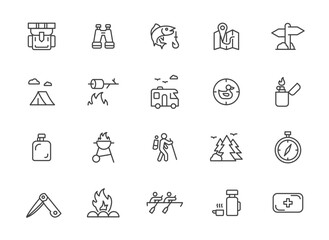 Camp vector line icon. Camping trekking outline symbol set. Glamping pictogram campfire outdoor travel illustration.