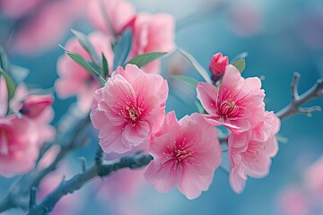 Pink flowers of peach on tree branches in close-up