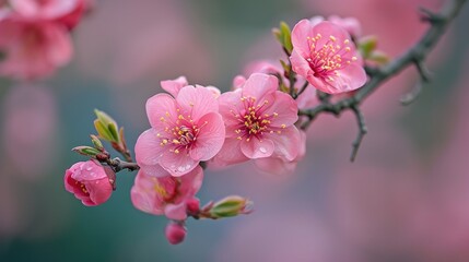 Obraz premium Pink flowers of peach on tree branches in close-up