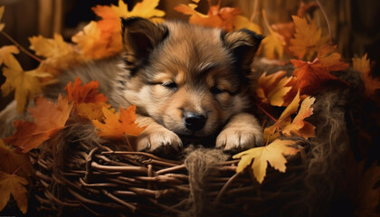 Cute puppy playing in autumn leaves, surrounded by nature generated by AI
