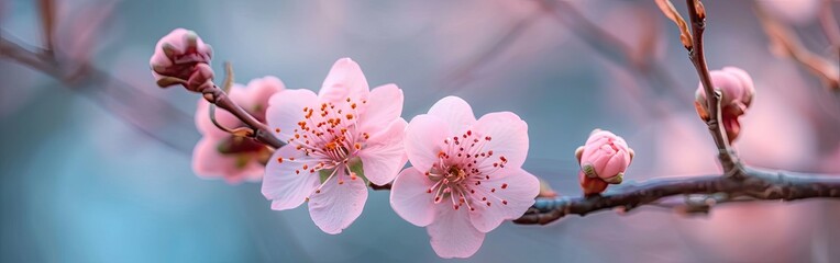 Pink flowers of peach on tree branches in close-up