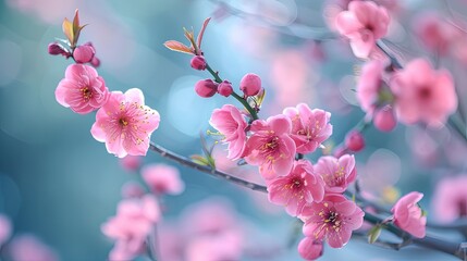 Pink flowers of peach on tree branches in close-up