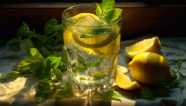 Refreshing summer cocktail with citrus fruit and mint leaf generated by AI