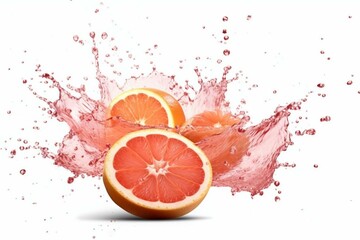 Fresh grapefruit, cut, juice, smoothie splash wave isolated on white. Tasty detox diet juice splashing, healthy citrus drink tropical fruit element. Generative AI