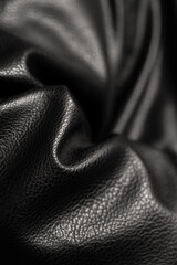 Black leather with waves and folds. Textured background of faux or eco leather, vegan artificial...
