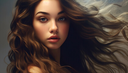 Naklejka premium Beautiful woman with long, curly brown hair looking sensually generated by AI