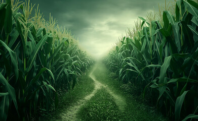 Cornfield path under sunrise, farming landscape, green agriculture, peaceful, organic, rural.