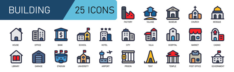 building icon collection.fill color modern style.contains villa,factory,museum,church,mosque,airport,prison,tent,temple,post office.good for application and website icon.