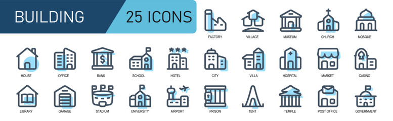 building icon collection.filled line style.contains museum,church,mosque,casino,shop,market,hospital,office,library,garage,university,airport,prison,tent,temple.good for websites and applications.