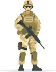 Soldier in camo uniform stands confidently holding rifle. Modern military personnel in combat gear, ready posture. Security and armed forces vector illustration.