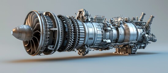 Gas turbine engine is a multipurpose machine for aircraft and oil and gas industries, with fan, compressor, combustion, and turbine sections. - obrazy, fototapety, plakaty