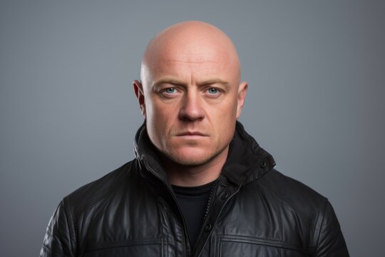 Portrait of a bald man in a black leather jacket on a gray background
