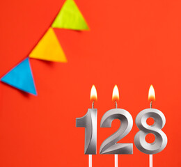 Birthday candle number 128 - Invitation card in orange background
