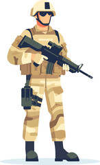Soldier in camouflage uniform with helmet holding a rifle. Military service member, ready for duty vector illustration.