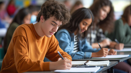 Students will take a written exam. Close-up of a young man in a terracotta sweater - obrazy, fototapety, plakaty