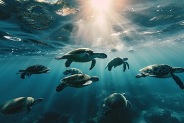 pod of graceful sea turtles gliding through the serene depths of the ocean - obrazy, fototapety, plakaty