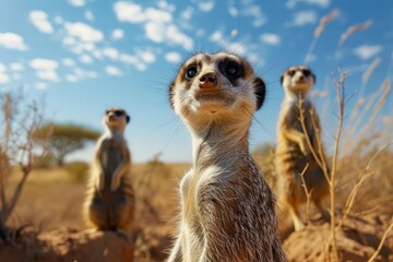 group of meerkats standing guard in the arid landscapes of the Kalahari Desert - obrazy, fototapety, plakaty