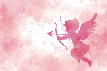 Romantic Pink Watercolor Background with Cupid Silhouette, Valentine's Day Concept