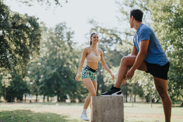 Caucasian athletes warm up in a sunny park, preparing for a challenging outdoor workout. They embody a healthy, active lifestyle, practicing recreational sports with dedication and motivation.