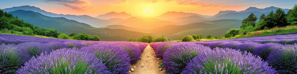 Lavender Field at Sunset with Mountain Range Panoramic View - obrazy, fototapety, plakaty