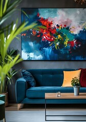 Minimalist modern living room interior design with red and blue, in the style of dark azure and emerald, naturalistic textures, architectural chic, ottoman art. generative AI