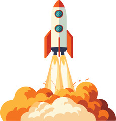 Space rocket launch with fiery boosters. Startup concept with rocketship blasting off. Innovation and exploration vector illustration.