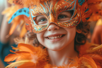 An excited and energetic child, with a mask full of peach-colored feathers, celebrates the arrival of the carnival among the crowd on the city streets.