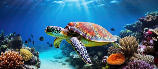 Oceanic video of a sea turtle in its natural habitat amongst vibrant coral reef.
