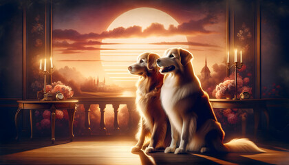 Dogs in valentine's day sunset