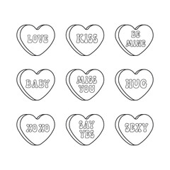 Vector set of groovy retro cartoon outline Valentine love candies isolated on white background