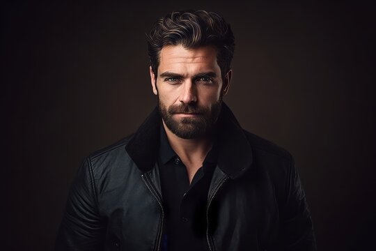 Portrait of a handsome man in a black jacket. Men's beauty, fashion.