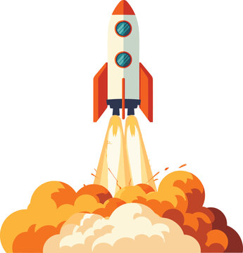 Space rocket launch with fiery boosters. Startup concept with rocketship blasting off. Innovation and exploration vector illustration.