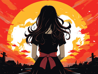 Girl watching sunset in cemetery, evoking feelings of solitude and reflection. Peaceful yet somber moment, introspection at dusk vector illustration.