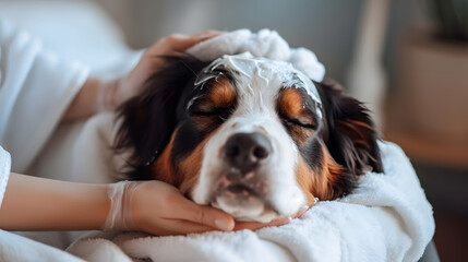 relaxed bernese mountain dog getting a massage at a spa - Powered by Adobe