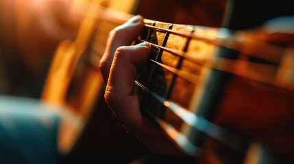 Close-up of a guitar string being plucked, blurred background. - obrazy, fototapety, plakaty