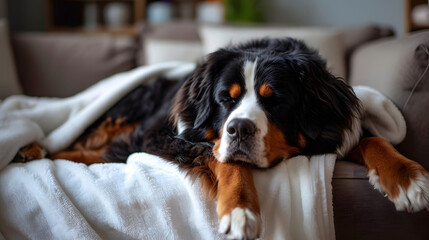relaxed bernese mountain dog laying on the couch sleeping