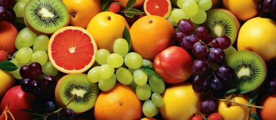 An assortment of juicy fruits including kiwi, orange, apple, grapes, and grapefruit.