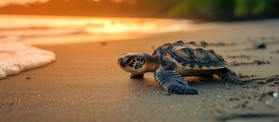Small loggerhead turtle near ocean crawling on Costa Rican sand.