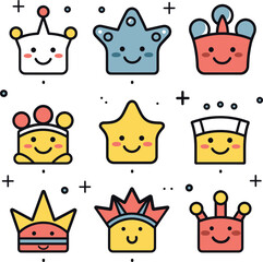 Set of cute smiling stars and crowns with adorable faces. Colorful happy star characters with different crown designs, kawaii style. Whimsical celestial and royal icon collection vector illustration.