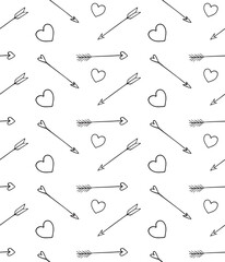 Vector seamless pattern of hand drawn doodle sketch outline cupid valentine hearts and arrows isolated on white background